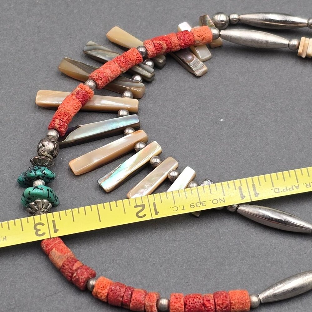 Vintage Southwestern Abalone Shell Turquoise Coral Heishi Necklace 24" Layered - Picture 10 of 13